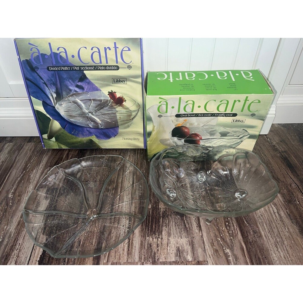 Vintage Libby Glass,A La Cart Platter Bowl Set, Jasmine & Morning Glory